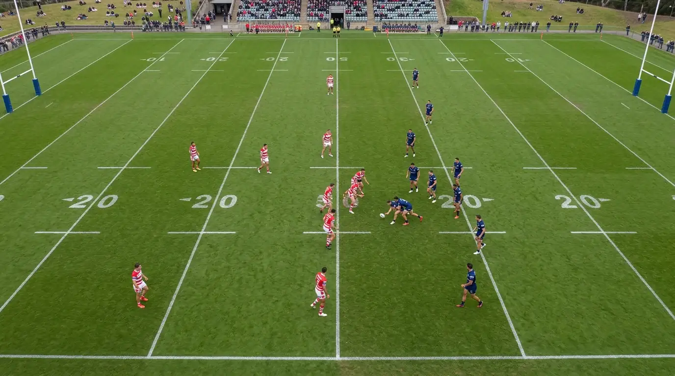 Rugby-League-Mannschaft mit dreizehn Spielern in Aktion auf dem Spielfeld — Set of Six und Play-the-Ball